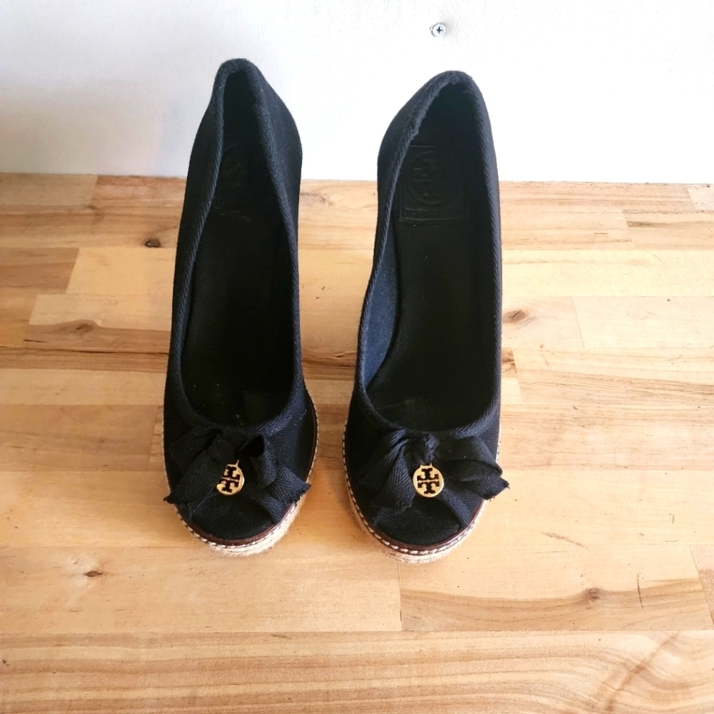 Tory Burch Jackie Black Canvas Espadrille Wedges Size 7
